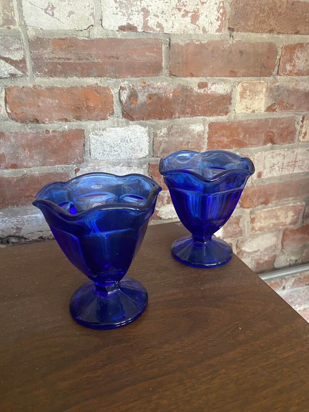 Vintage Cobalt Blue Glass Sundae Footed Ice Cream Bowls Sherbet Cups (Set of 2)